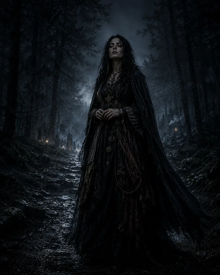 Magiebegabte Frau in einem nächtlichen Wald